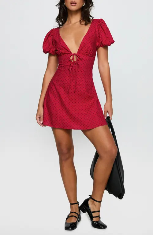 Princess Polly Beloved Polka Dot Puff Sleeve Linen Blend Minidress in Red at Nordstrom, Size 0 | Nordstrom