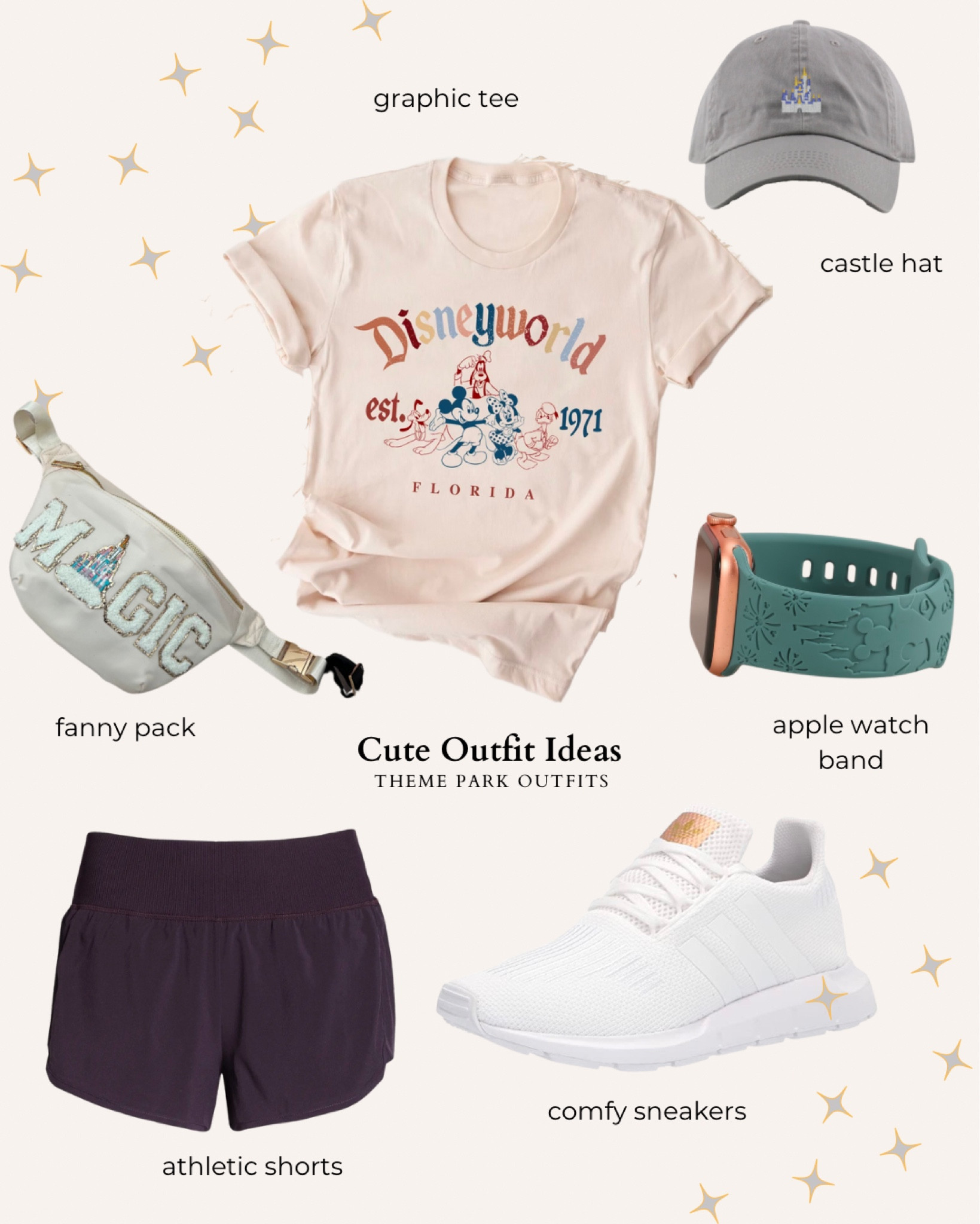 Disney world outfits, magic kingdom outfit, athletic shorts, white sneakers, castle Fanny pack, castle hat, Apple Watch band, theme park outfits

#LTKtravel #LTKstyletip #LTKFind