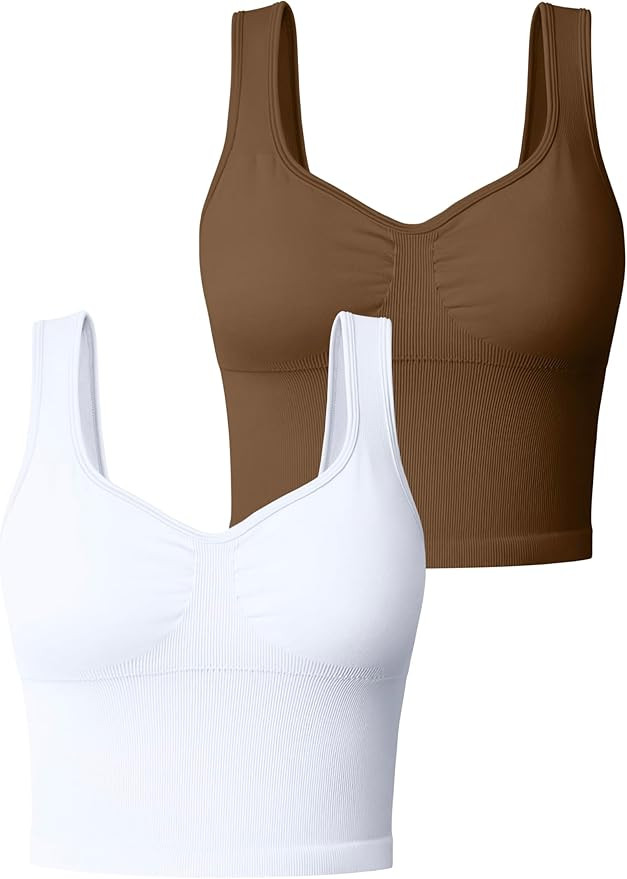 OQQ Women' 2 Piece Tank Tops Seamless Workout Exercise Shirts Padded Sports Bra Yoga Crop Tops | Amazon (US)