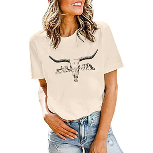 Western Cow Skull Shirt Women Funny Country Music Graphic Tees Vintage Rodeo Short Sleeve Casual T-Shirt Tops Apricot S | Amazon (US)