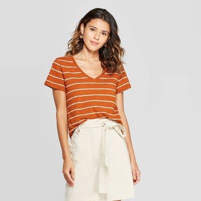 Women's Striped Monterey Pocket V-Neck Short Sleeve T-Shirt - Universal Thread™ Brown | Target