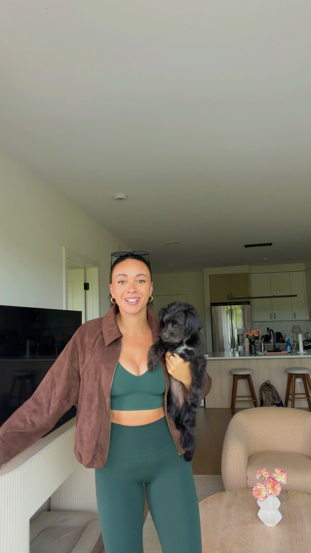 Dog mom OOTD for our morning walk! Mocha brown suede bomber jacket with pockets over my high rise Lululemon leggings and sports bra

#LTKootd