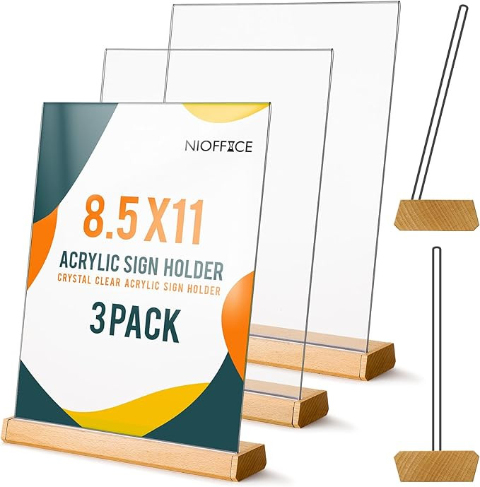 NiOffice 3 Pack Acrylic Sign Holder 8.5x11 Clear Desktop Sign Holder T Shape & L Shape Wood Base ... | Amazon (US)