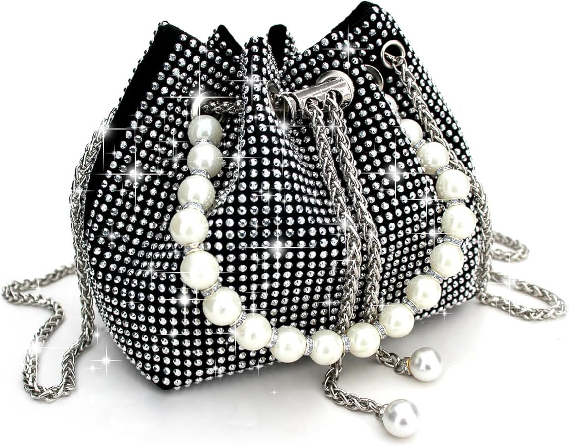 iSamzan Evening Bucket Handbag for Women Sparkly Rhinestone Pearl Clutch Silver Purse for Party C... | Amazon (US)