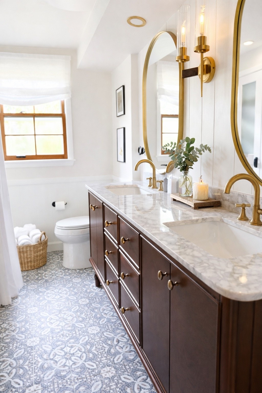 My favorite cozy bathroom makeover featuring brass fixtures, elegant marble counters, and a stunning patterned tile floor. Simple, clean, and styled like a boutique hotel with warm neutral details.

#LTKdayinmylife #LTKHome #LTKmomlife
