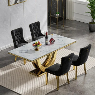 Luxury Marble Dining Table Set , 70" Dining Room Table with Dining Chairs, Dining Table with Faux Marble Top & Stainless Steel Pedestal, Large Dining | Wayfair North America