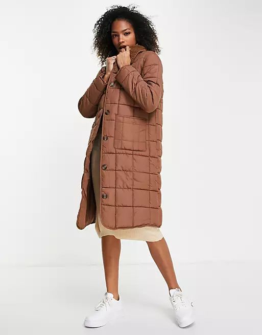 JDY quilted longline coat with borg collar in brown | ASOS (Global)