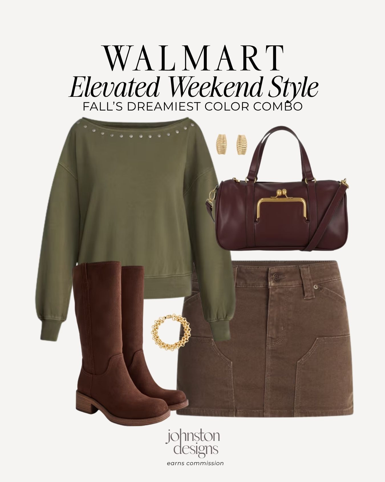 Olive green and chocolate brown are trending this fall. 🤎 Loving this Walmart fall outfit! A studded sweatshirt, mini skirt and tall boots make the cutest weekend combo!

Walmart fashion, fall outfit ideas, olive green sweatshirt, brown mini skirt, tall brown boots, burgundy handbag, casual fall style, weekend outfit

#walmartfashion #walmartfinds #falloutfitideas #weekendstyle #olivegreen #brownboots #burgundybag #affordablefashion #fallwardrobe 

 #LTKootd #LTKSeasonal