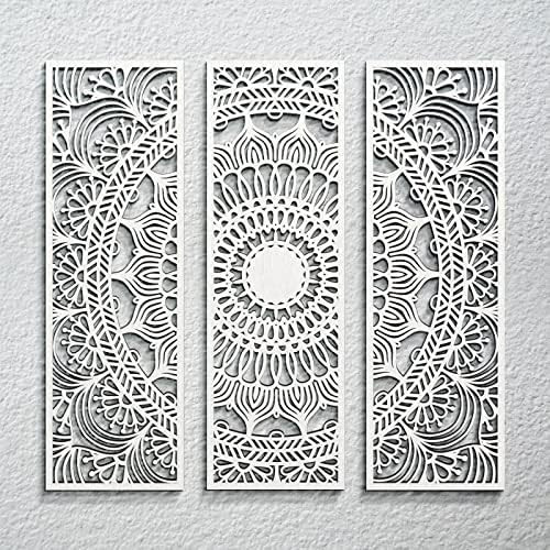 Mandala Wall Art 3 Pieces Carved Wood Wall Art Floral Aesthetic Wooden Plaque Set Wood Carving Wall  | Amazon (US)