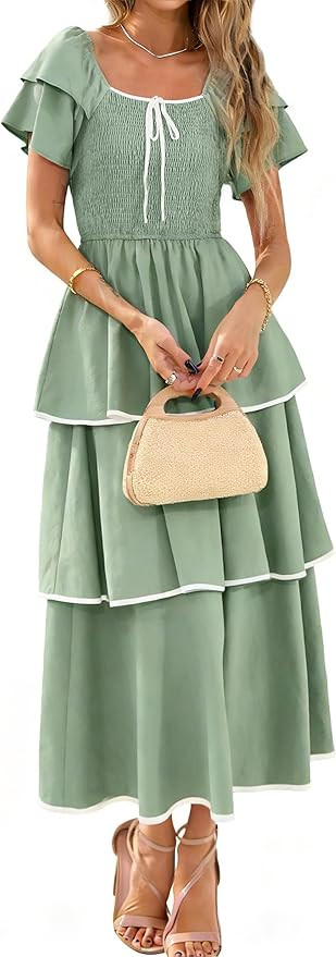 BerryGo Womens Summer Flowy Wedding Guest Maxi Dress Smocked Tiered Boho Casual Short Sleeve Squa... | Amazon (US)