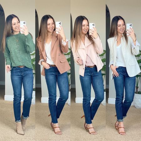 Blazer sale! Save 20% one day only code HOLLY20! After that, and for everything else Use code HOLLY10 for 10% off.  
These gorgeous and comfortable stretch knit blazers & Moto jacket come in several colors xxs-2xl.  These essential v-neck tees are perfect for dressing up or down.  

For reference: I’m 5’1”, 109lbs
Sweater xxs
Double Breasted Blazer xxs
Stretch knit moto jacket xxs
Notch Collar Blazer XS
Essentail v-neck tee’s xxs
Mini-Flare Leg Denim with Raw Hem 24
Heels tts
Booties tts

Follow my shop @everyday.holly on the @shop.LTK app to shop this post and get my exclusive app-only content!

#liketkit 
@shop.ltk
https://liketk.it/42VcA

#LTKstyletip #LTKunder100 #LTKsalealert