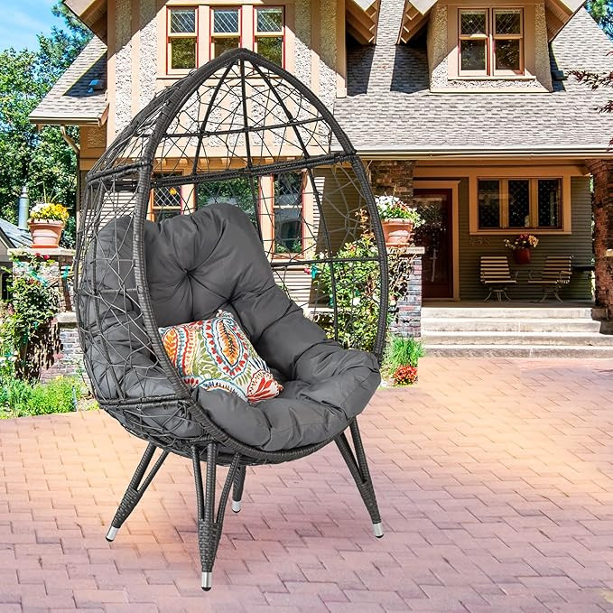 Temminkii Outdoor Patio Wicker Egg Chair Indoor Basket Wicker Chair with Grey Cusion for Backyard... | Amazon (US)