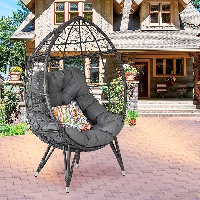 Temminkii Outdoor Patio Wicker Egg Chair Indoor Basket Wicker Chair with Grey Cusion for Backyard... | Amazon (US)