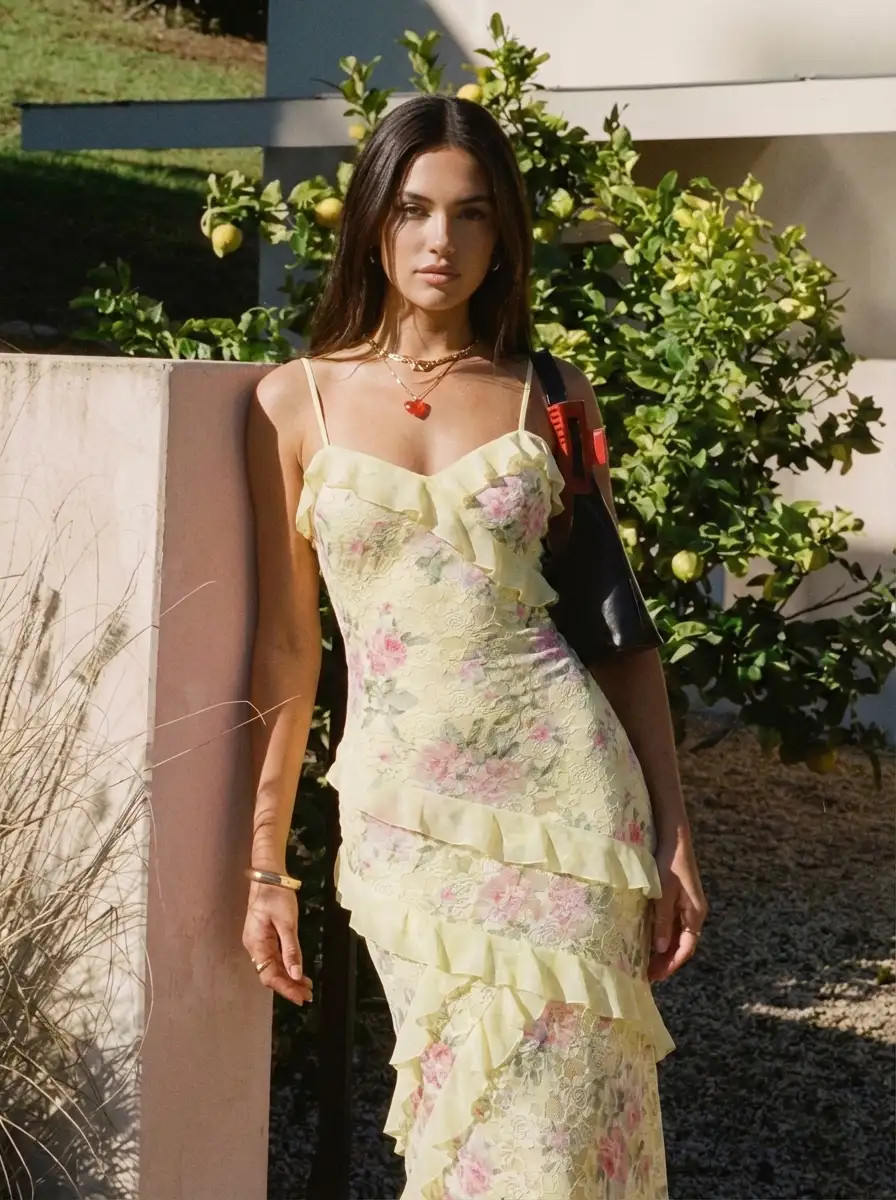 Lace V-neck Floral Ruffle Maxi Dress | Cider