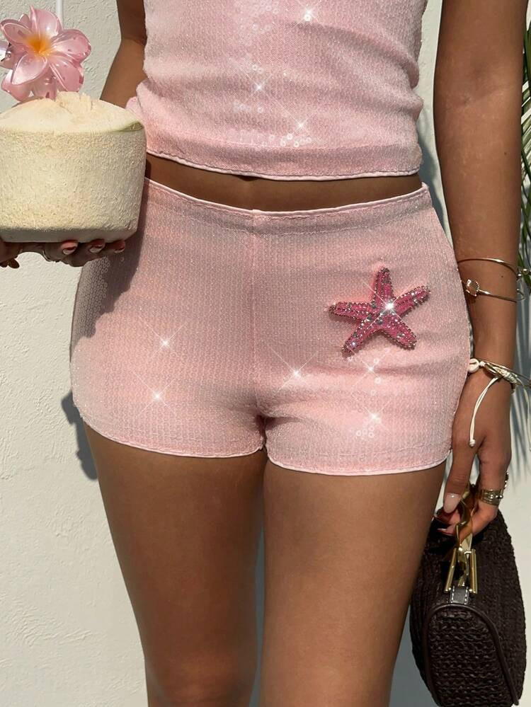 Aloruh Women's Solid Color Pink Starfish Transparent Sequin Super Short Shorts, Sexy Beach Holiday Shorts Bling Shorts Star Shorts | SHEIN