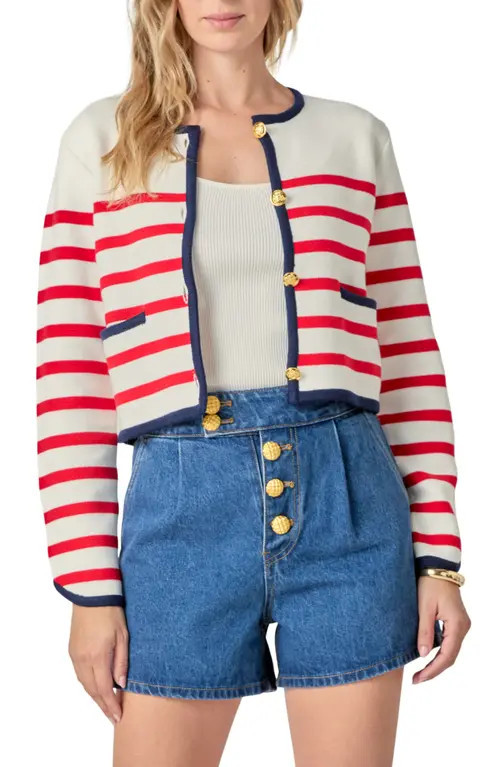 English Factory Stripe Crop Cardigan in Red Multi at Nordstrom, Size Large | Nordstrom