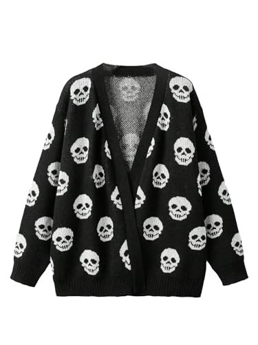 WDIRARA Women's Plus Size Halloween Skeleton Skull Cardigans Drop Shoulder Open Front Cardigan Sweater Black and White 0XL | Amazon (US)