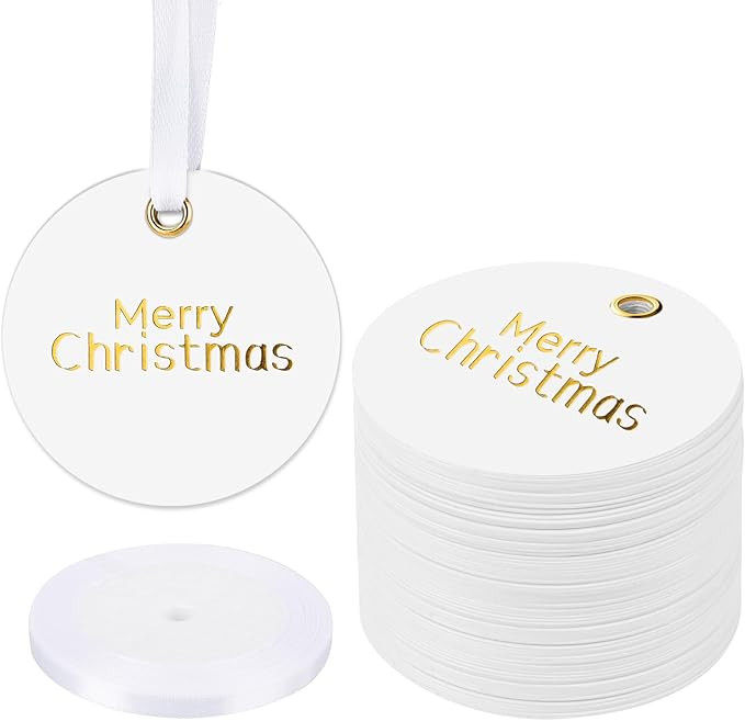100PCS Christmas Gifts Tags, 2 Inch Round Gold Foil Merry Christmas Tags with Satin Ribbon Person... | Amazon (US)