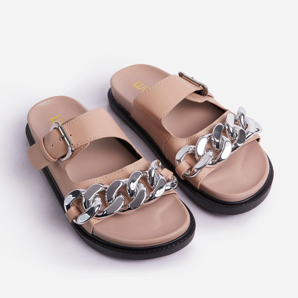 Born-To-Run Chain Detail Double Strap Chunky Sole Flat Slider Sandal In Nude Faux Leather | EGO Shoes (US & Canada)