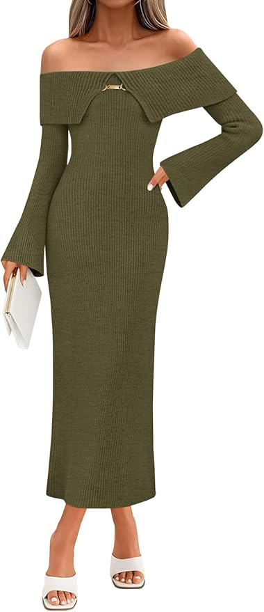 Saodimallsu Womens Off The Shoulder Maxi Sweater Dress Long Sleeve Bodycon Elegant Ribbed Knit Fa... | Amazon (US)
