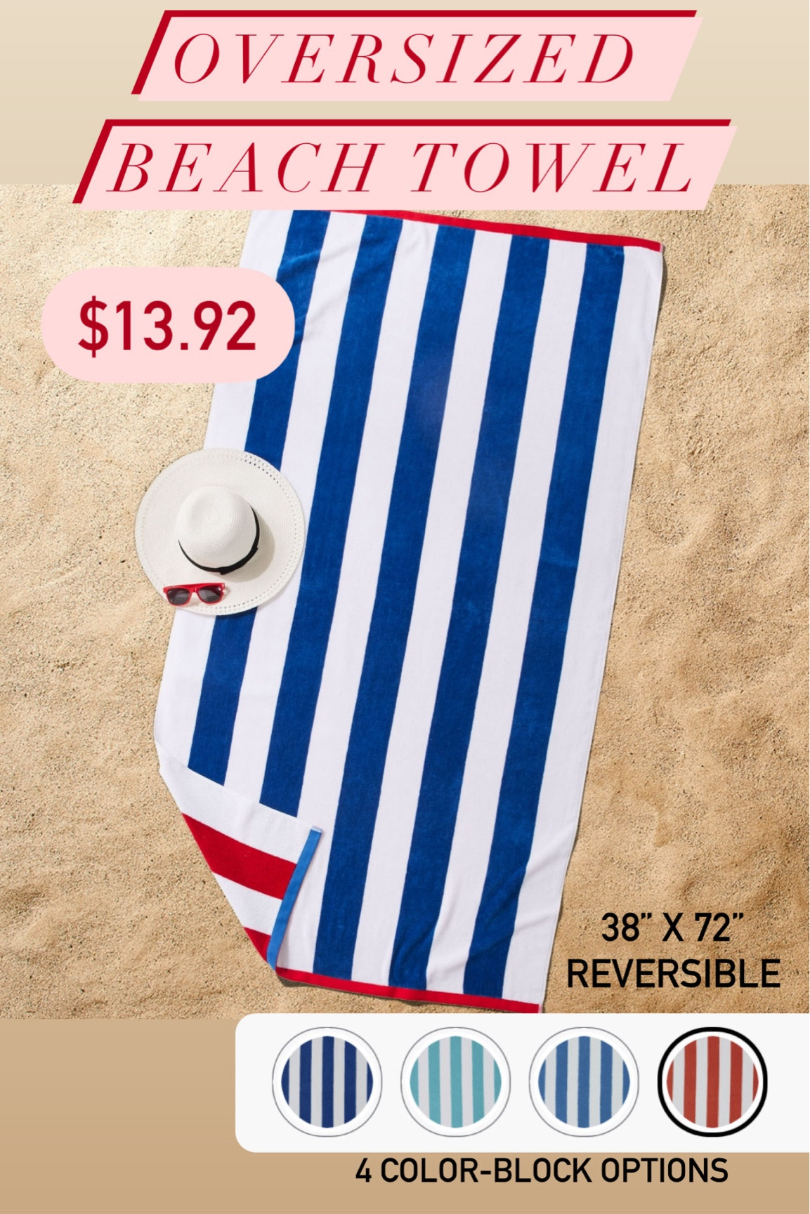 Weekly Favorite: OVERSIZED BEACH TOWEL. I bought these last year and absolutely love them! Thick quality + absorbent  For less than $14 you get a 38”x72” reversible color-block beach towel. Comes in 4 color options! 

#LTKxWalmart #LTKSwim #LTKTravel