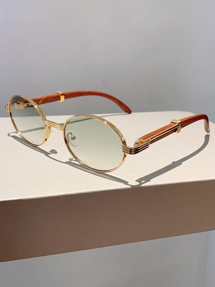 New Retro Oval Frame Fashion Sunglasses With Trendy Design And Wood-grain Textured Arms | SHEIN