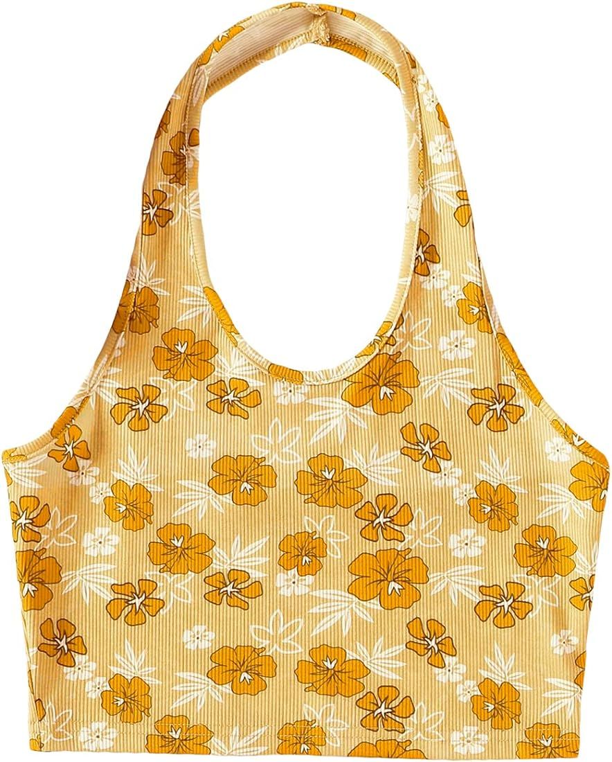 SOLY HUX Women's Floral Print Ribbed Knit Halter Backless Crop Top | Amazon (US)