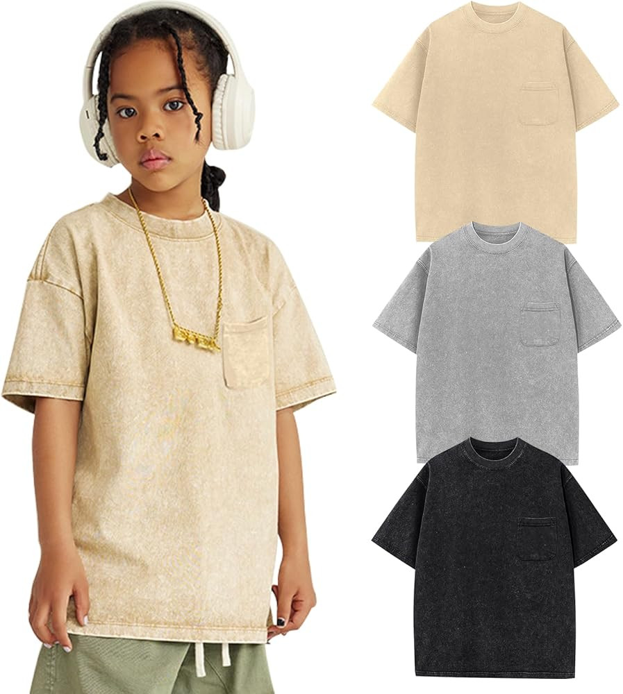 Arssm 3 Pack Boys Tshirts Kids Oversized T Shirts Cotton Acid Wash Crewneck Summer Basic Tees | Amazon (US)