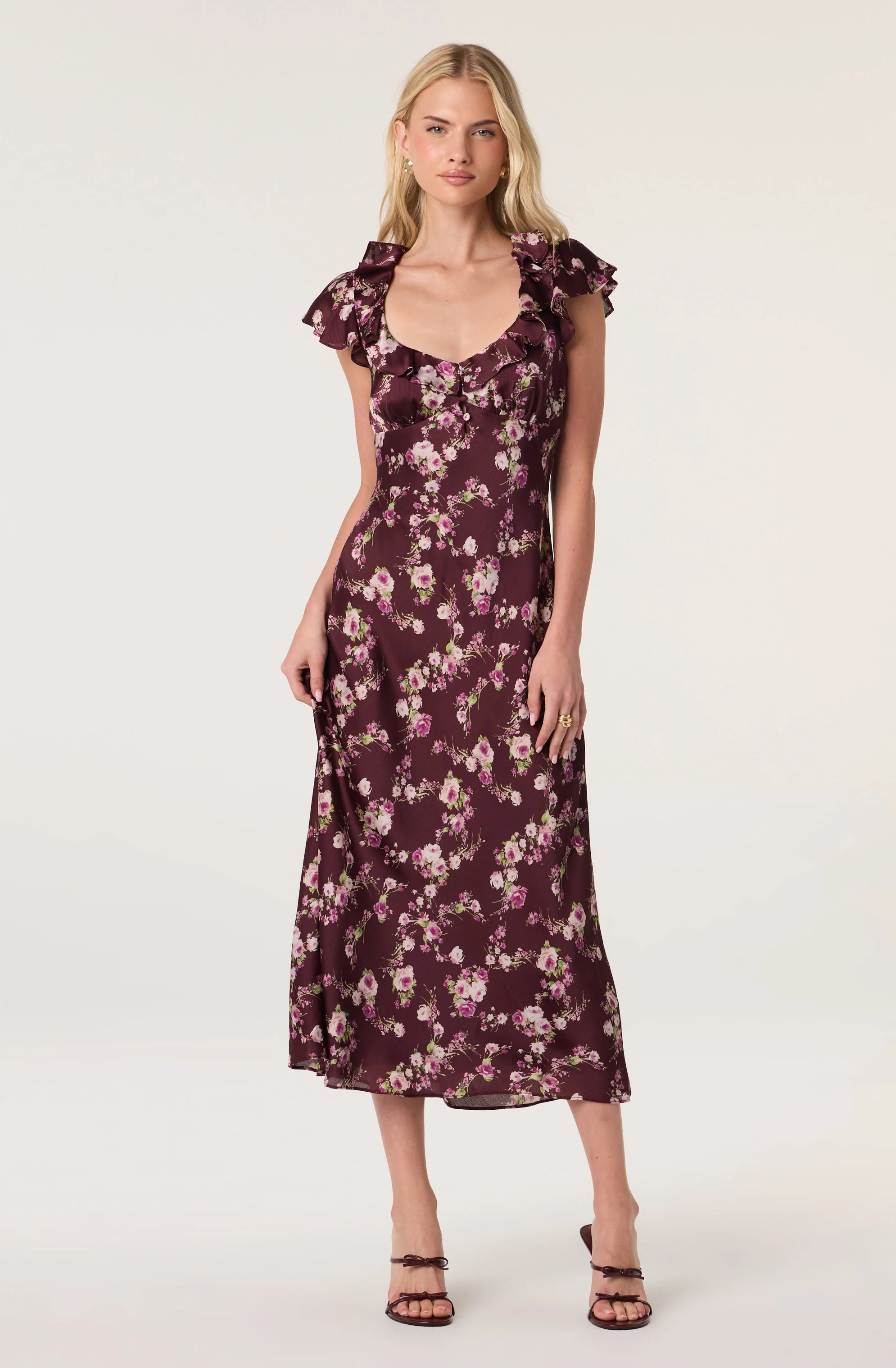 Nico Cap Sleeve Satin Midi Dress - Burgundy floral / XS | ASTR The Label (US)