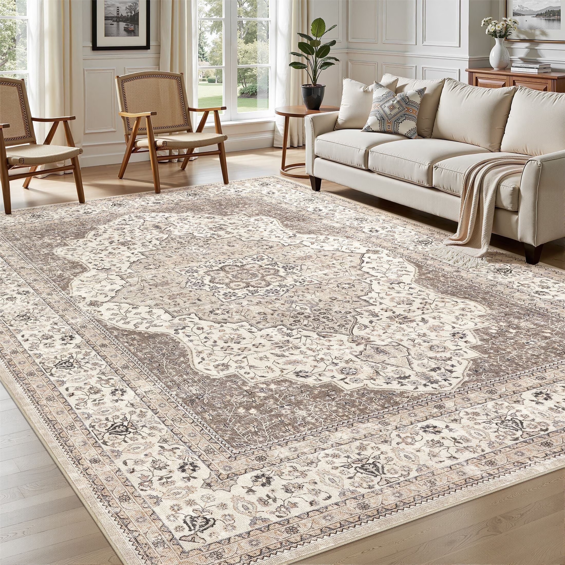 UERMEI 8'x10' Washable Area Rugs for Living Room, Vintage Floral Boho Printed Carpet, Non Slip Indoor Rug for Bedroom Home Decor Carpets - Brown | Walmart (US)