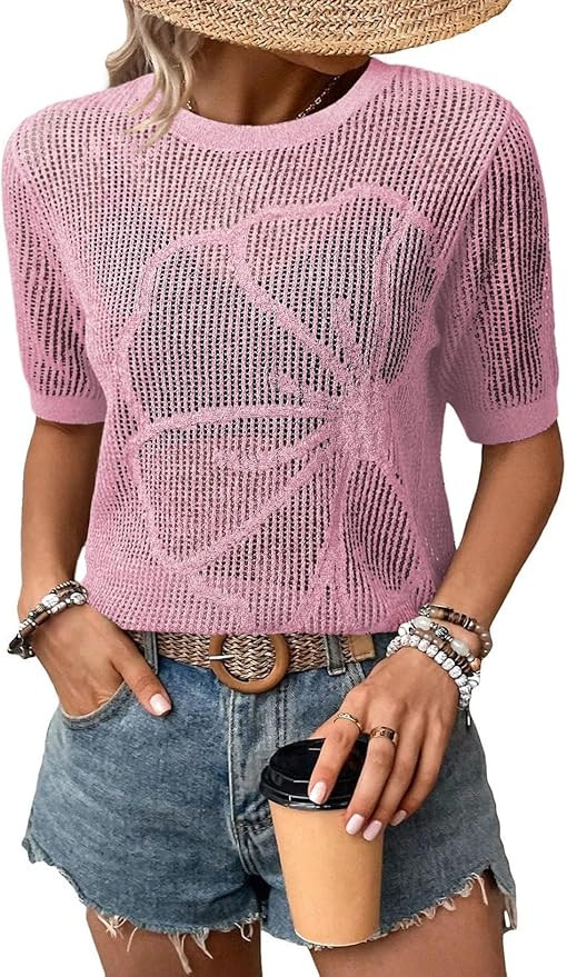 Dokotoo Womens Summer Short Sleeve Crochet Tops Hollow Out Floral Beach Vacation Clothes Cruise O... | Amazon (US)