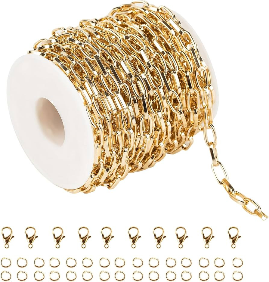 32.8 Feet Aluminum Link Chain Light Gold Flat Oval Chains for Jewelry Making Unwelded Paperclip C... | Amazon (US)