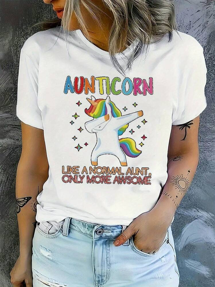 Fun Aunticorn Print T-Shirt, 100% Cotton, Loose Fit, Casual, Comfortable, Graphic Design | SHEIN