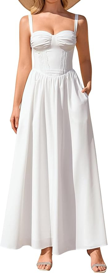 Summer Floral Lace Corset Maxi Dress Flowy Sundress Smocked Ruched Wedding Guest Dresses for Wome... | Amazon (US)