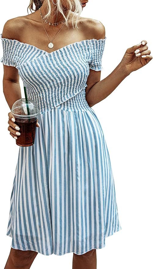 ECOWISH Womens Striped Dress Off The Shoulder Short Sleeve Backless Cocktail Skater Dresses | Amazon (US)
