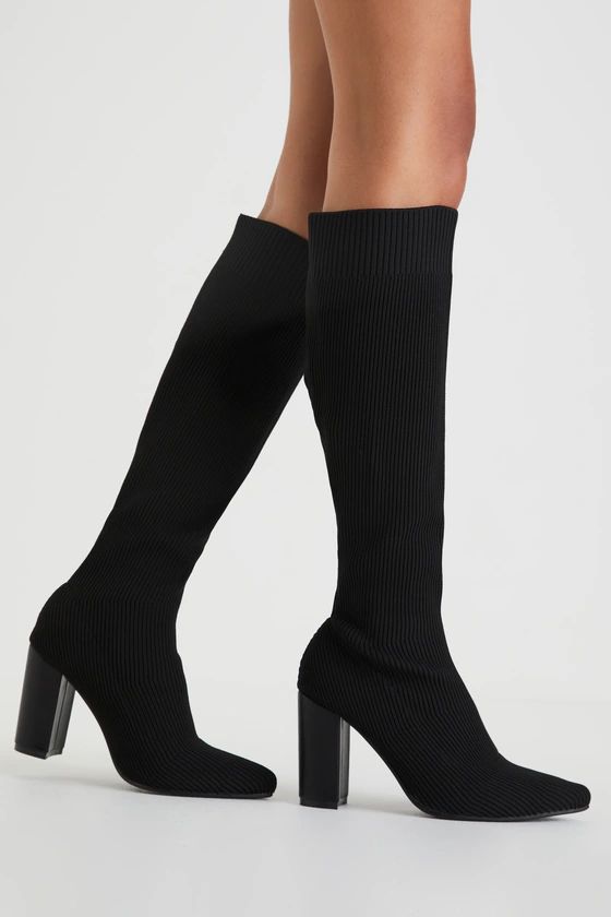 Juda Black Ribbed Knit Pointed-Toe Knee-High Sock Boots | Lulus (US)