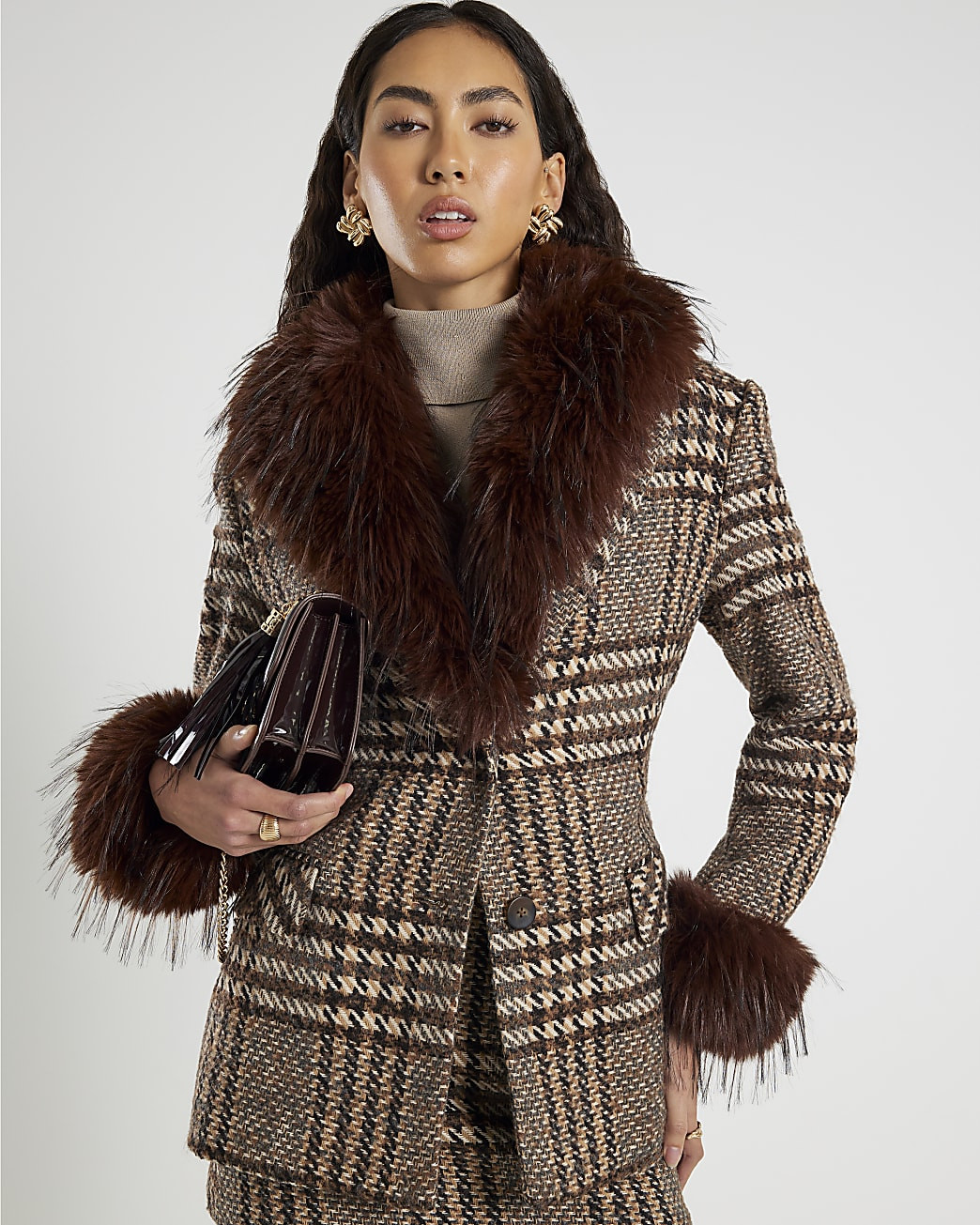 Brown Faux Fur Collar Check Wrap Coat | River Island UK & IE