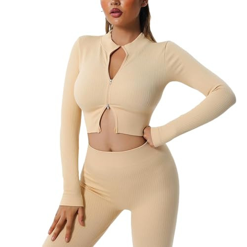 1 Piece Workout Sets for Women Gym Outfits High Waist Yoga Leggings Or Long Sleeve Crop Top with Zipper(Nude-Long-Sleeve-top,Small) | Amazon (US)