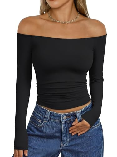 Trendy Queen Womens Long Sleeve Off The Shoulder Tops Going Out Cute Basic Y2K Fall Fashion 2026 ... | Amazon (US)