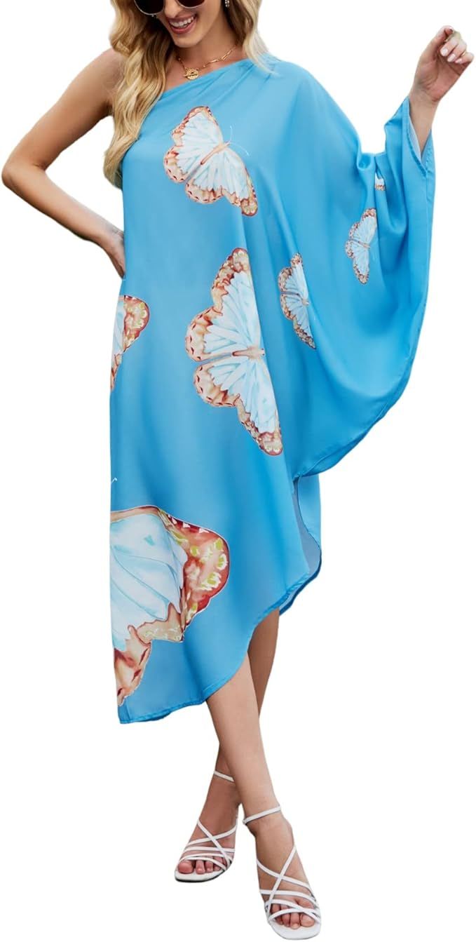 AGFEE Womens Beach Coverup Dress Floral Print One Shoulder Kaftan Swimwear Maxi Dresses | Amazon (US)