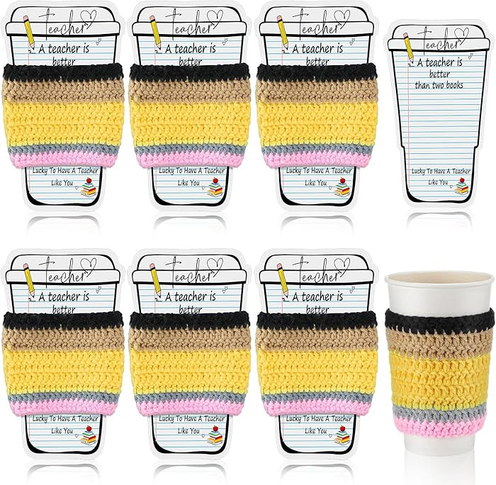 6 Set Teacher Appreciation Gifts Pencil Crochet Coffee Cup Sleeve with Greeting Card Reusable Kni... | Amazon (US)