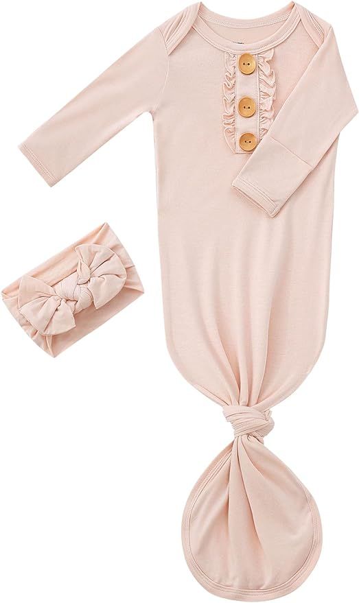 Newborn Baby Girls Knotted Gown Headbands Set Soft Viscose from Bamboo Infant Sleeper Baby Sleep ... | Amazon (US)