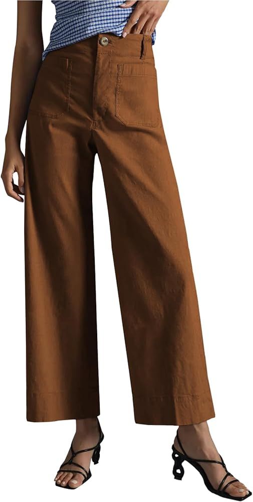 miduo Womens High Waisted Cropped Wide Leg Stretchy Straight Pants Trousers with Pockets | Amazon (US)