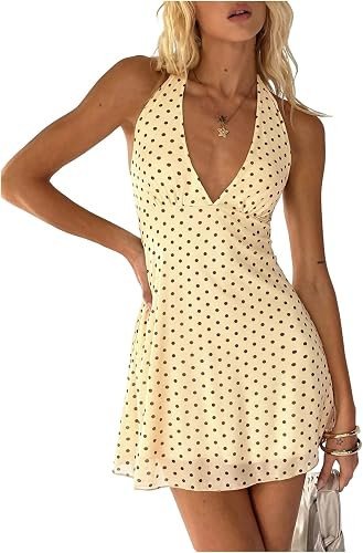 Women's Polka Dot Halter Mini Dress Deep V Neck Open Back Sleeveless Y2K Summer Short Dresses | Amazon (US)