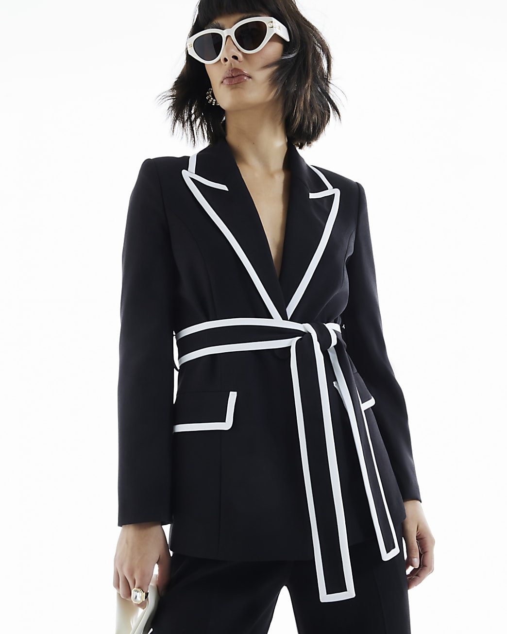 Black Contrast Tipping Belted Blazer | River Island UK & IE