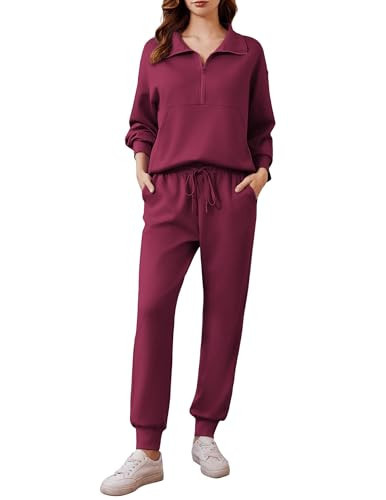 PINSPARK Two Piece Sets for Women 2025 Fall Travel Outfits Long Sleeve Lounge Set Tracksuit Sweatsuit Half Zip Jogger Sets Matching Sets Preppy Clothes,Magenta Purple XX-Large | Amazon (US)