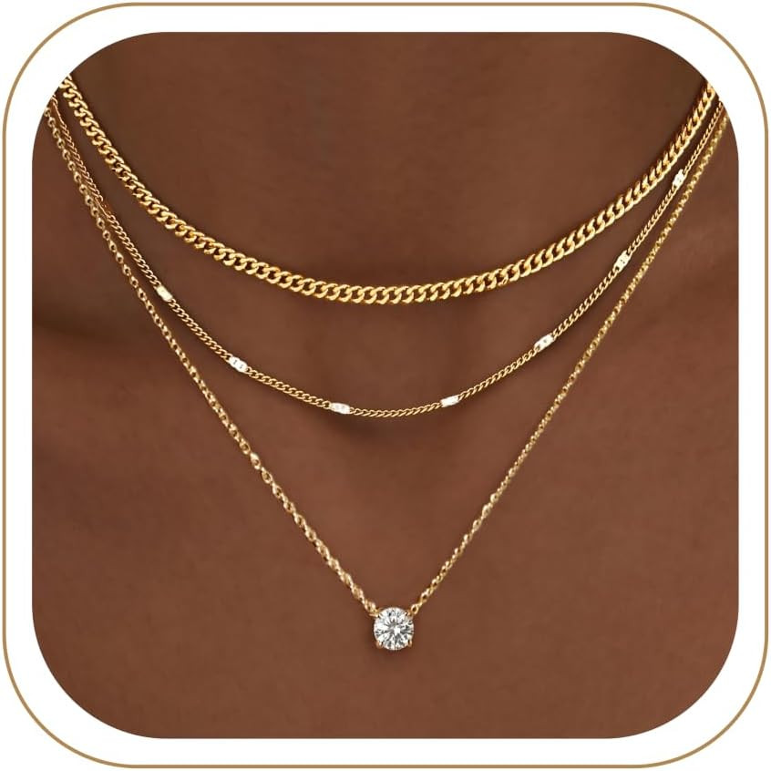 WomenGifts Layered Gold Necklaces for Women, 14K Gold Sterling Silver Plated Dainty Pendant Necklace Set Non Tarnish, Chunky Stackable Cuban Chain Choker, Trendy Birthstone Vacation Jewelry Gift | Amazon (US)