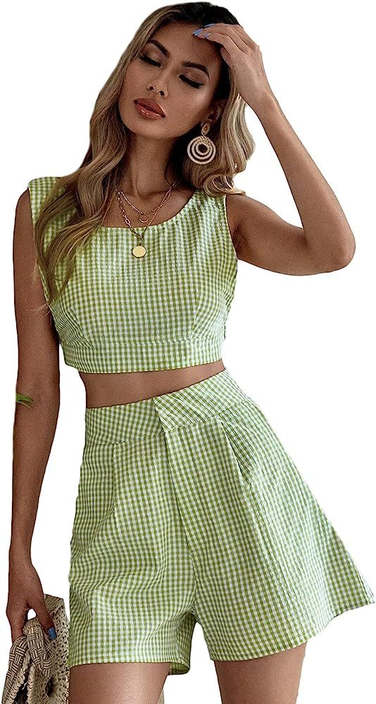Floerns Women's Plaid Print Shorts Set Backless Crop Tank Top Two Piece Outfits | Amazon (US)