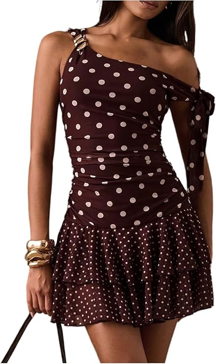 Floerns Women's Polka Dots Off The Shoulder Mini Dress Ruched Sleeveless Tiered Ruffle Party Dres... | Amazon (US)