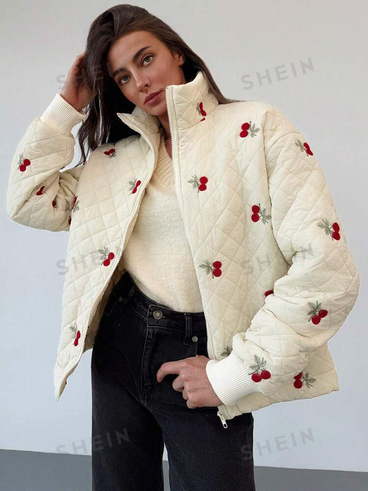Aloruh Women's Casual Autumn/Winter Cherry Embroidered Padded Coat | SHEIN